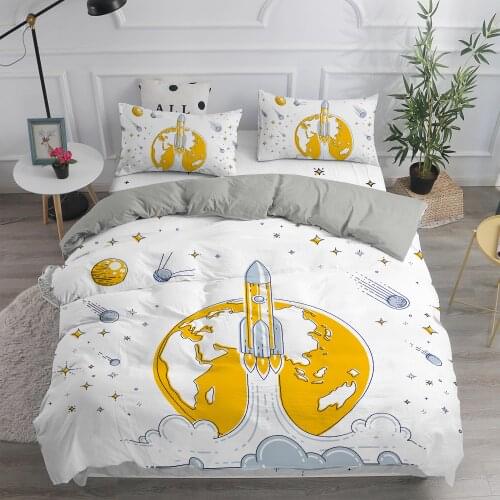 Cartoon Cute Printed Bedding Set Galaxy Outer Space Planet Duvet Cover Kids Shuttle Bedclothes Astronaut Twin King Queen Size
