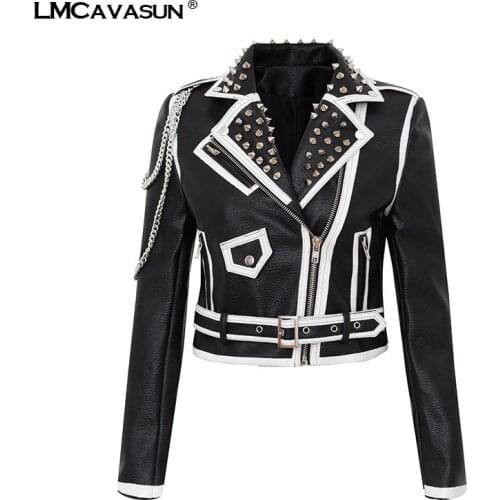 LMCAVASUN Rivet beading leather jacket Locomotive graffiti cartoon character pu Leather Jacket female Punk Motorcyle Jackets