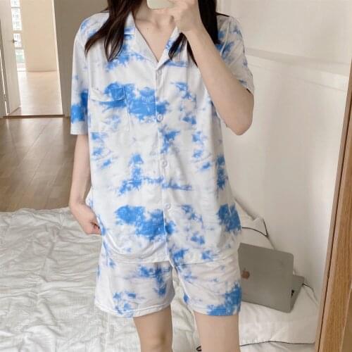 Summer Womens Pajamas Short-Sleeved Shorts Two-Piece Sleepwear Milk Silk Tie-Dye Lapel Cardigan Loose Simple Female Homewear