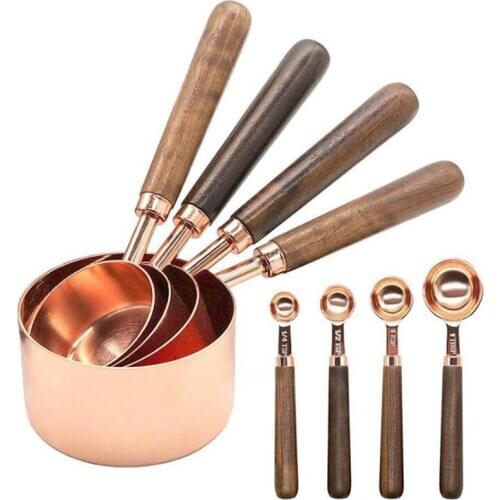 4/8pcs Measuring Cups and Spoons Kitchen Measuring Bakery Tool Walnut Wooden Handle Rose Gold Measuring Cups Spoon