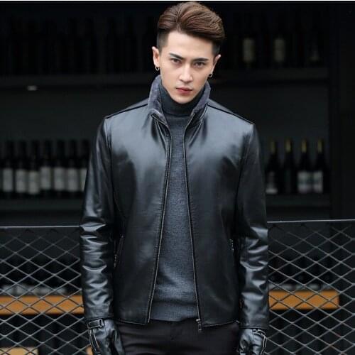 Mens Winter Leather Jacket Sheepskin Coat Genuine Leather Jackets for Men 100% Wool Lining Short Motorcycle Coats F17S001 KJ2508
