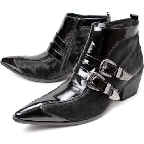 Christia Bella New Fashion Big Size Black Genuine Leather Male Buckle Heighten Short Boots Party Mens Pointed Toe Ankle Boots