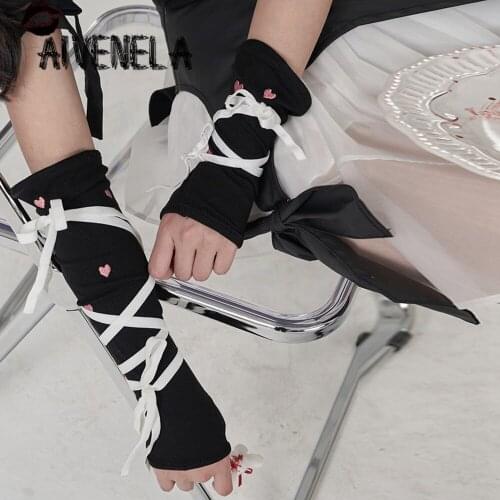 Harajuku Gothic Punk Embroidery Heart Bandage Fingerless Glove Arm Cover Long Mittens AFC1168