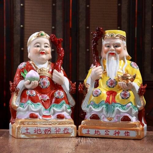 A pair 2pcs Southeast Asia HOME altar shop safe Bring wealth money good luck God of wealth CAI SHEN TU DI GONG PO BUDDHA statue