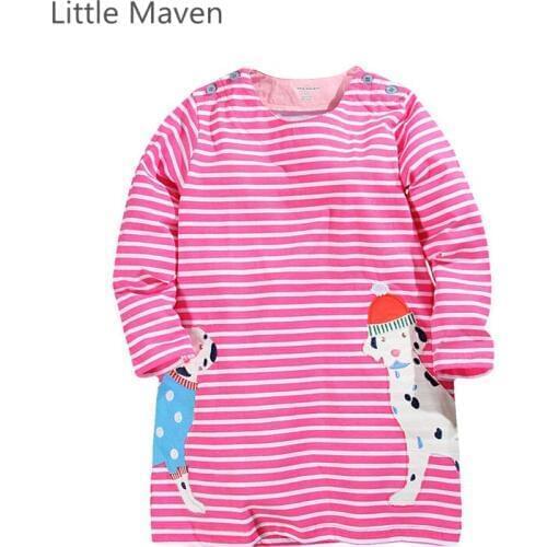 Little Maven Brand New Childrens Clothing Style Long Sleeve Striped Cartoon Dogs Dress Soft Cotton Girls Fashion Dress