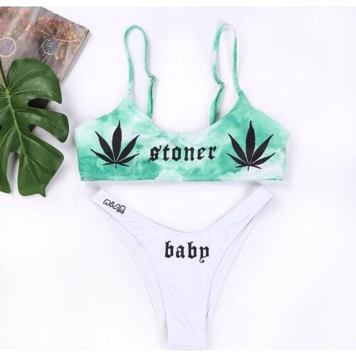 Sexy Womens Swimsuit Tie-Dyed Letter Print U-Neck Crop Top + Bikini Panties Push Up Padded Split Swimwear Summer Bathing Suit