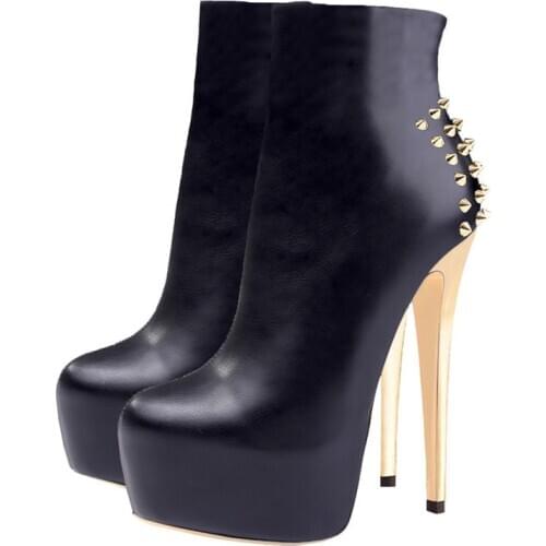 Richealnan Womens Black Platform Rivet Ankle Booties 16cm Thin High Heels Fashion Metal Heels Buckle Boots Big Size US5~US15