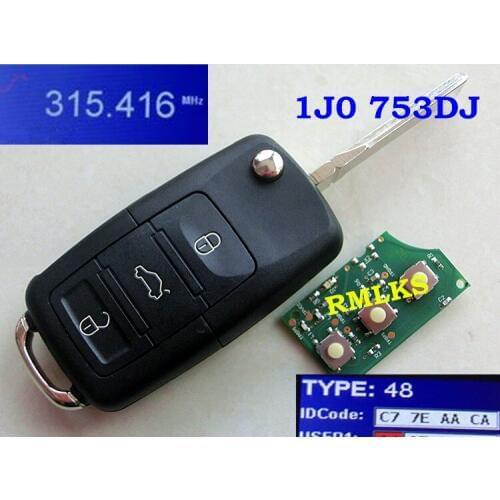 RMLKS Fit For VW Passat Bora Golf Polo 3 Button Flip Remote Key Control 315mhz ID48 Chip FCC ID :1J0 959 753DJ 1J0959753DJ