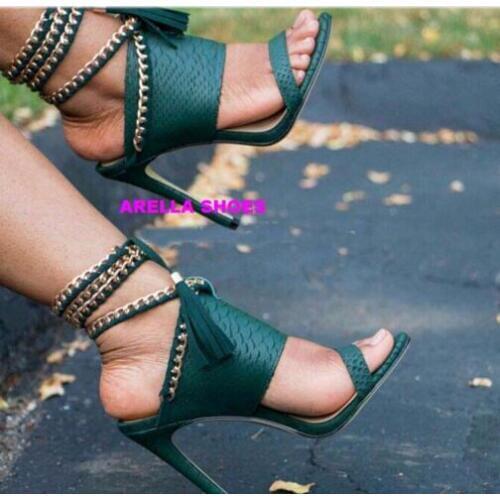 2017 Summer metal chains ankle strap slingbacks sandals black/nude/green/ wine leather high heel gladiator sandal dress heels