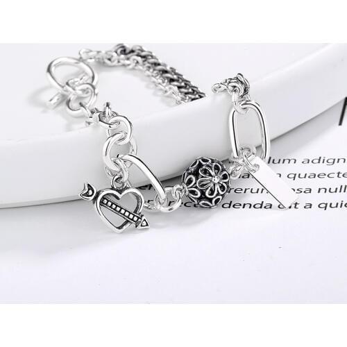 Silvology 925 Sterling Silver Asymmetry Double Chain Heart Bracelets Flower Ball Design Womens Bracelets 925 Friendship Jewelry