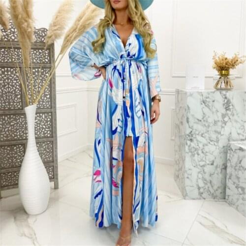 Boho Print Long Maxi Dresses for Women Summer 2021 Bathing Sleeve Casual Loose Bathrobe Dress Sexy V Neck Holiday Beach Dress