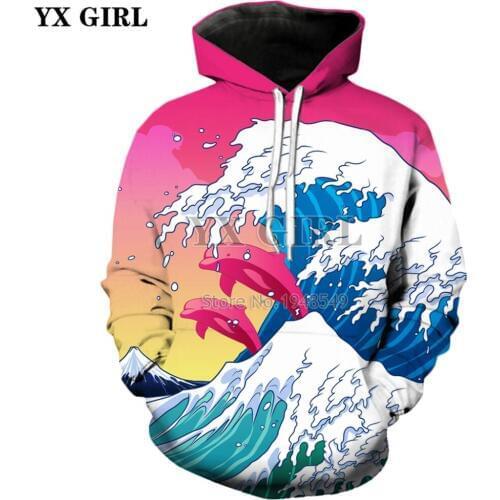 YX GIRL 2018 Autumn Fashion Men/Women Hoodies Hooded With Hat Print Sea Waves and dolphin 3d Sweatshirts Casual Hoody