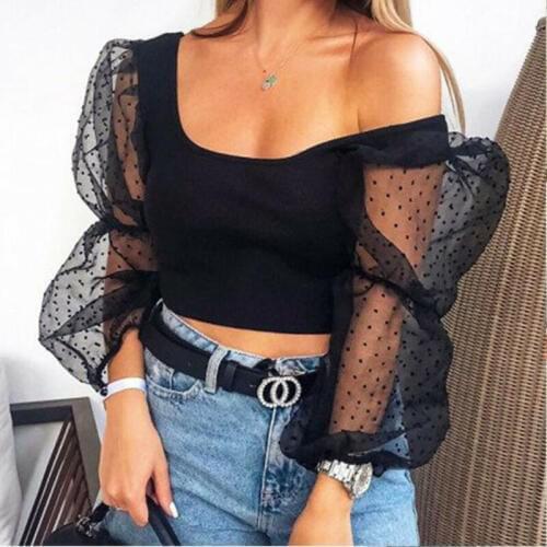 Womens Sexy Blouses Ladies See-through Sheer Mesh Dot Blouse Transparent Puff Long Sleeve Tops Shirts Summer Casual New Shirt