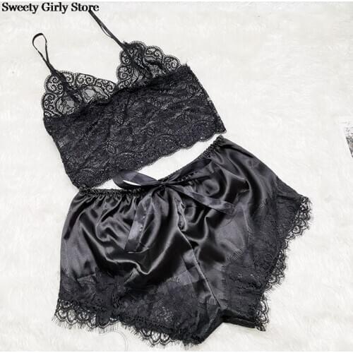 Women Pajama Sets Smooth Satin Sleepwear Lace Patchwork Nightdress Tops And Shorts 2PCS Pyjamas Summer Sexy pizama damska