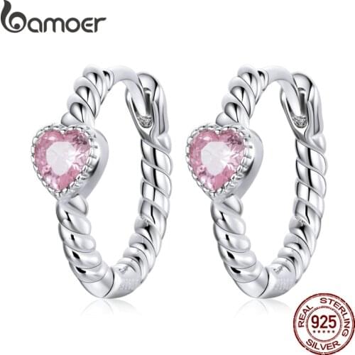 Bamoer Pure Love 925 Sterling Silver Pink Gem Zircon Circle Buckle Earring for Women Wedding Statement Fashion Jewelry SCE1081