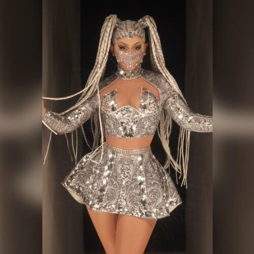 Shining Silver Sequins Birthday Party Costumes Women Fashion Deep V Top + Skirts Outfit Sets Club Prom Dancer Show Stage Clothes