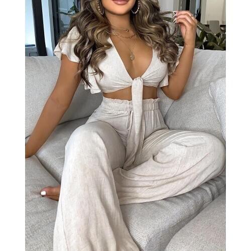 2021 Women Fashion Elegant Sexy Ruffles Sleeve Knotted Top & High Waist Pants Set Solid Short Sleeve V-Neck Top