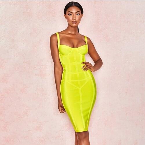 Free shipping high quality sexy yellow V-neck strap shoulder fashion high Street rayon bandage evening party dress