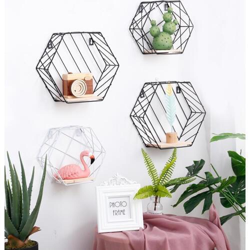 1PC Nordic Metal Grid Wall Hanging Shelf Rack Goods Convenient Storage Rack Holder Geometric Hexagon Figure Wall Decor JL 205