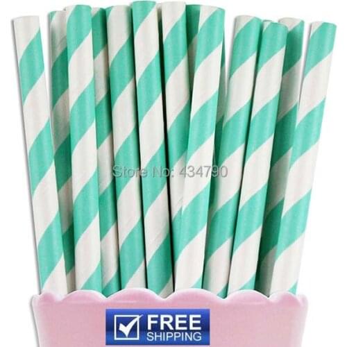 200pcs Biodegradable Aqua Striped Paper Straws Cheap,Wedding Decor,Bridal,Baby Shower Party Supplies,Decorative Paper Goods