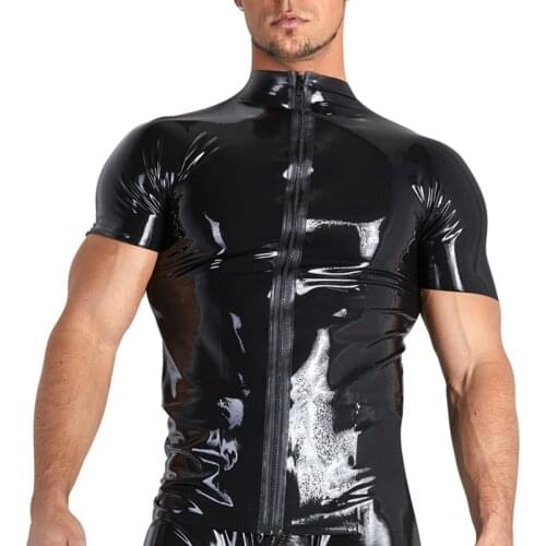 Black Shiny PVC Shirt Tops Women Men Unisex Latex Leather Tshirt Tight Tee top Zipper Front Wetlook Clubwear Night Stage Costume