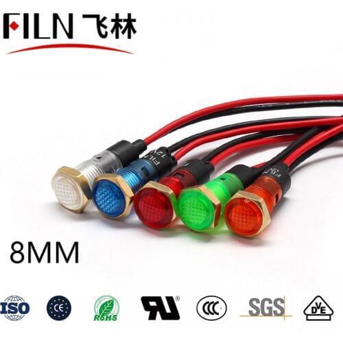 FILN Plastic 8mm 12v 110v 24v led high lumen control panel indicator light red green light with wire