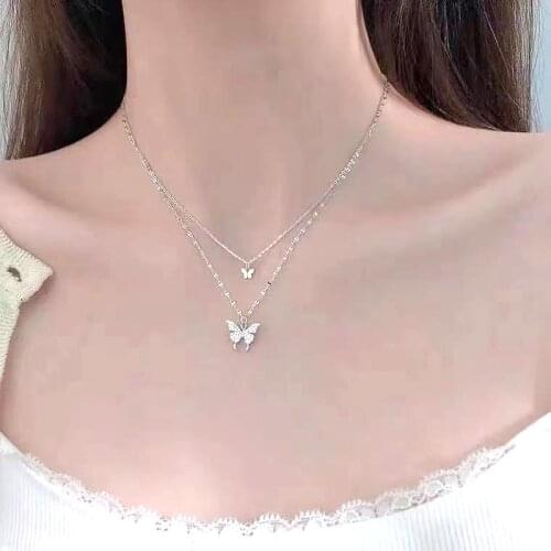 Hot Shiny CZ Multilayered Butterfly Necklace for Women Dainty Double Layer Butterfly Clavicle Chain Necklace Trendy Jewelry Gift