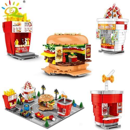 HUIQIBAO Hamburger Chicken Fast Food Shop Building Blocks City Construction Street View Ice Cream Bricks Toys