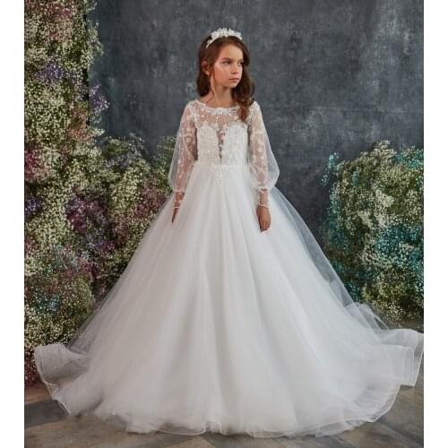 Handmade Long Sleeves Flower Girl Dress Lace Sequined Applique Birthday Pageant Party Gown First Communion Dress