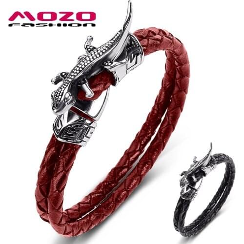 MOZO FASHION 2020 New Men Jewelry Black Genuine Leather Bracelet Stainless Steel Punk lizard Charm Chameleon Women Bracelets 546