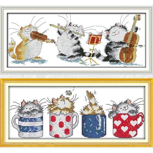 Cats hide in the cups Patterns Counted Print on Canvas 11CT 14CT Cross Stitch kit Needlework Set Concert Embroidery Painting