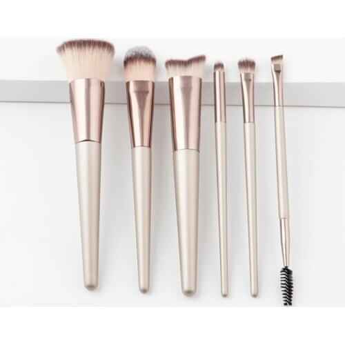 High-quality 6pcs makeup brushes set Champagne gold wooden handle with aluminum tube and nylon wool