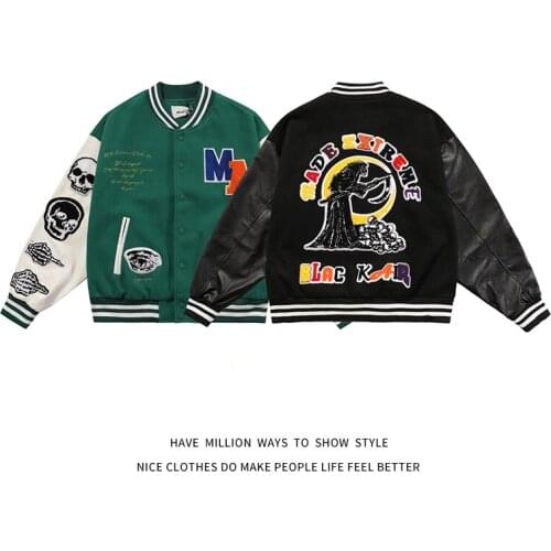 New Arrival Autumn Spring Letterman Skull Embroid Men Stadium Award Bomber Jacket Unisex Women Baseball Varsity Coat Street Chic