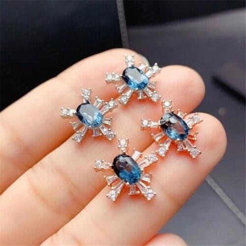 New natural blue topaz earrings, 925 silver womens earrings, luxurious and elegant design highlights feminine charm