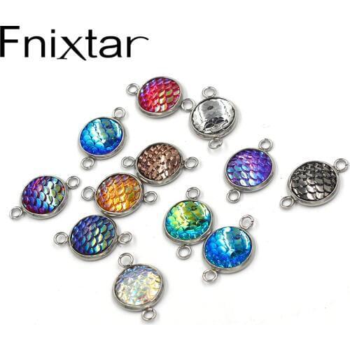 Fnixtar Stainless Steel Mermaid Fish Scale Charm Colorful Faux Druzy Cabochon Resin Round Connector Charms 12mm 100piece/lot