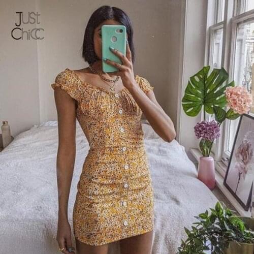 Justchicc Buttons Off Shoulder Print Sexy Dress Women Floral Summer Short Sleeveless Dress 2021 Bpdycon Mini Dress Vestdios