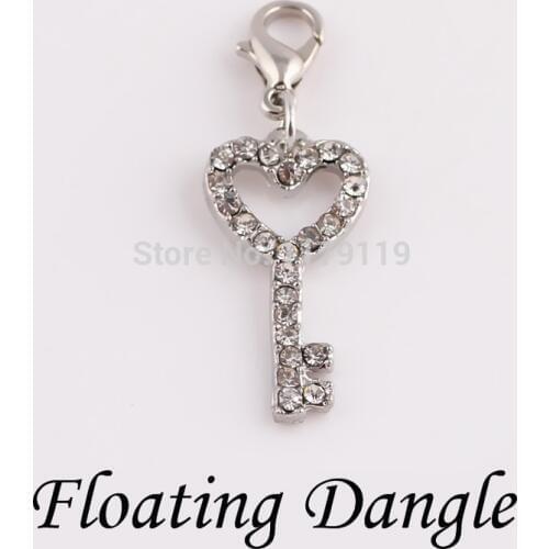 New Design 20pcs/lot Rhinestone Key Floating Lockets Dangle Charms For Glass Locket Pendant