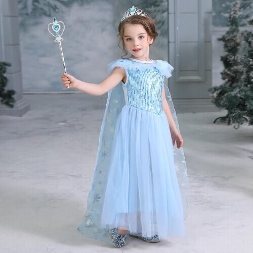 With Headwear Anna Elsa Kids Dress for Girl Princess Halloween Cosplay Party Costume Kids Role Play Children Clothing 2-8s Skirt