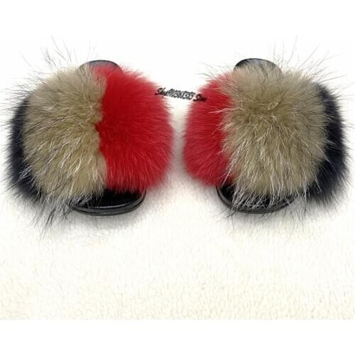 Fashion Women Fox Fur Slippers Ladies Colorful Plush Fluffy Shoes Female Summer Outdoor Soft Casual Flip Flops Furry Falt Slides