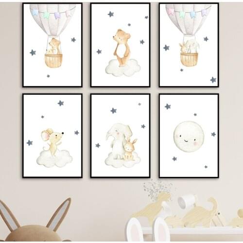 Star Moon Cloud Bear Elephant Rabbit Mouse Wall Art Canvas Painting Nordic Posters And Prints Wall Pictures Baby Kids Room Decor
