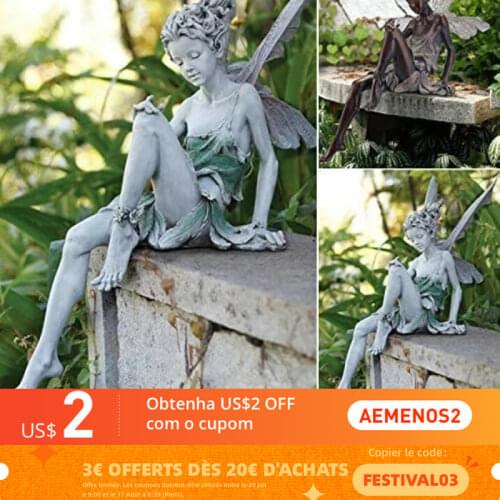Flower Fairy Statue Sitting Art Sculpture Figurines Garden Ornament Angel Wings Resin Craft Landscaping Home Decoration Outdoor