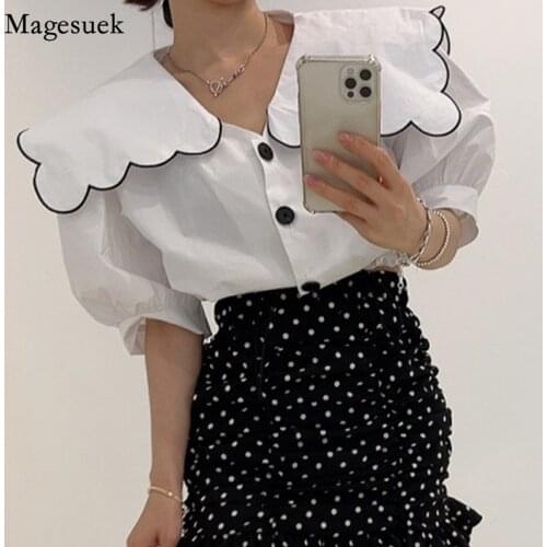 Korean Lace Embroidered Turn-down Collar Woman Blosue Vintage Puff Short Sleeve Shirts Women Tops Casual Female Clothing 14379