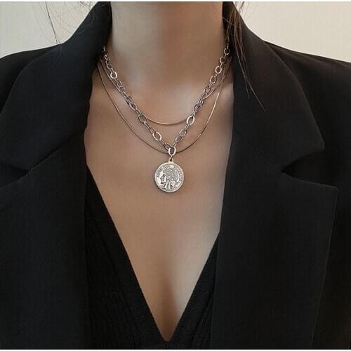 Korean Punk Multilayer Chain Necklace Hip Hop Stainless Steel Coin Pendant Necklace for Women Men Fashion Jewelry Gift