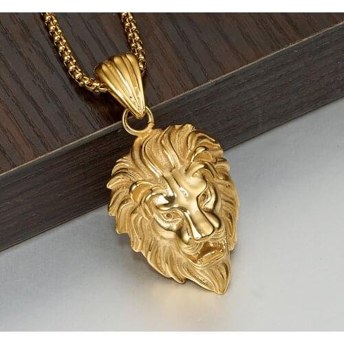 High Quality Stainless Steel Golden Color Vintage 3D Lion Head Pendant Box Link Chain Necklace Mens Boys Gift Jewelry Xmas Gift