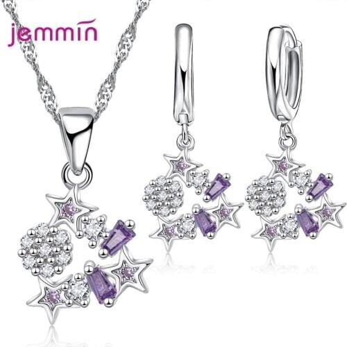 Women Fashion Zircon 925 Sterling Silver Necklaces Earrings Crystal Star Pendant Jewelry Sets for Bridal Wedding Engagement Gift