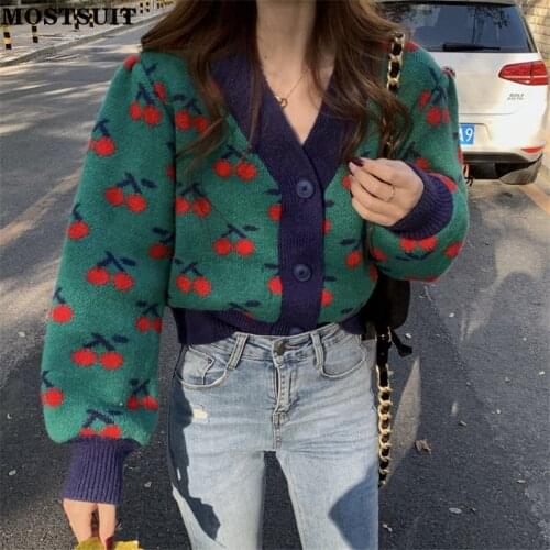 Cherry Knitted V-neck Cardigan Sweater Women Autumn Full Sleeve Loose Vintage Short Jumpers Fashion Sweet Female Knitted Tops
