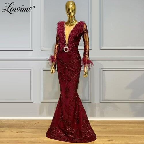 Feather Burgundy Evening Dresses Mermaid Long Sleeves Beaded Crystals Party Gowns For Wedding 2020 Abendkleider Prom Dress