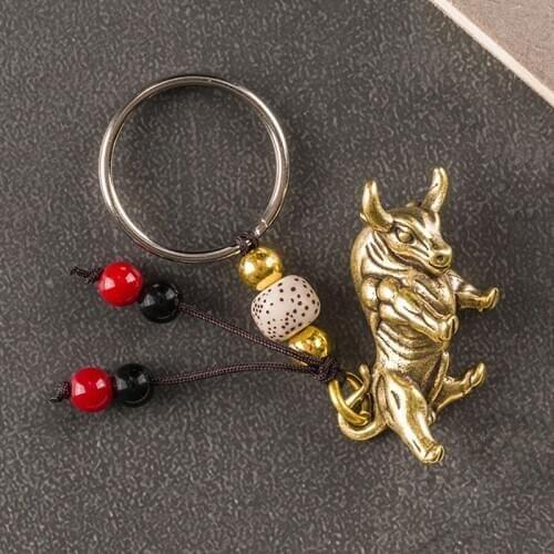 Brass Zodiac Bull Figure Rope Keyring Hanging Trinkets Keychain Backpack Decors
