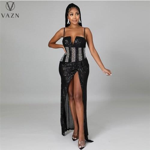 VAZN 2021 Autumn Asymmetrical Sexy Club Sweet Solid Spaghetti Strap Sleeveless Fashion Women Dress Slim Dress Shinny Dress