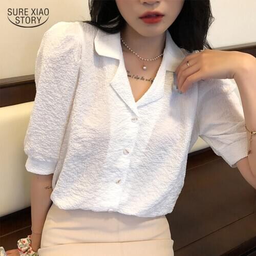 2021 Plus Size Cotton White Ladies Tops Summer Puff Sleeve Solid Shirt Women Casual Vintage Button Cardigan Blouse Women 10110